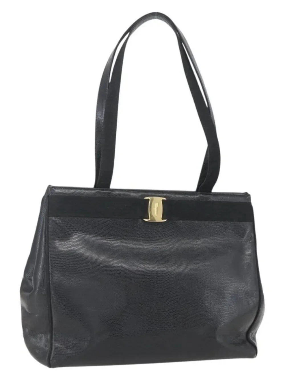 Salvatore Ferragamo Vala Tote Bag Leather Black Gold Auth am10419